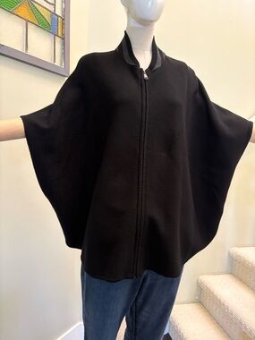 Max Studio Black Zip-Front Poncho with Arm Holes.  One Size, Flattering Fit.